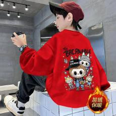 批发儿童装男童红色加绒卫衣2025秋冬新款马年本命年拜年服圆领上衣潮
