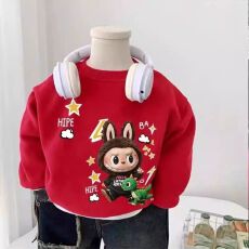 批发拉布布男<b class='q'>女童</b>马年<b class='q'>新</b>款春秋冬圆领卫衣新年儿童加绒加厚红色拜年服