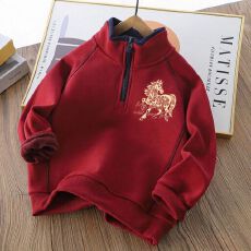 批发儿童红色小马加绒卫衣2026新款过年男童秋冬喜庆<b class='q'>演出服</b>男孩上衣厚