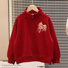 批发男童马年加绒红色外套冬装拜年服洋气儿童加厚立领卫衣过年<b class='q'>演出服</b>