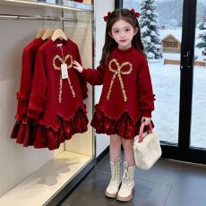 批发秋冬季拜年服新中式新款红色亮片蝴蝶结连衣裙女童儿童冬款蝴蝶结