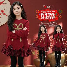 批发女童加绒亮片裙子儿童连衣裙衣裙女孩新款红色女宝洋气过年衣服