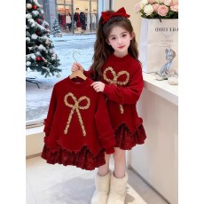 批发拜年服女童新年连衣裙冬装儿童加绒卫衣红色裙子女孩冬季过年战袍