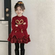 批发女童新年卫衣裙冬季2026新款儿童加绒公主裙冬装女孩红色拜年裙子