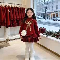 女童拜年服加绒蝴蝶结亮片连衣裙新款中大童红色喜庆新年装连衣裙