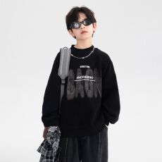 男童冬季黑色酷帅圆领加绒卫衣2025新款儿童男孩加厚运动上衣潮