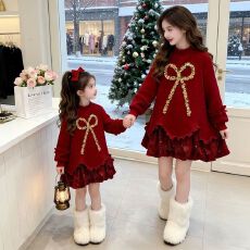 批发女童新年连衣裙冬季2026新款儿童加绒卫衣裙中大童冬装红色拜年服