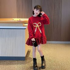 超好看女童亮片蝴蝶结红色加绒连衣裙冬季甜美中大童拜年服卫衣裙
