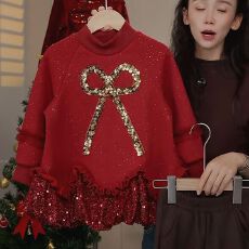 女宝红色亮片蝴蝶结卫衣连衣裙秋冬季2026新款儿童洋气加绒拜年服