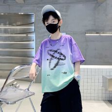 批发酷帅<b class='q'>男童</b>短<b class='q'>袖</b>T恤2026新款中大童夏季男孩渐变扎染纯棉上衣学生t恤