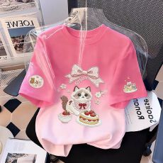 批发夏季新款女童纯棉短袖T恤2026中大童女孩纯棉渐变扎染印花上衣t恤