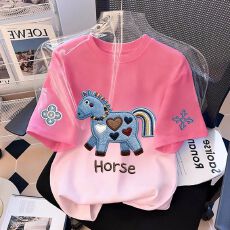 批发夏季新款女童纯棉短袖T恤2026中大童女孩纯棉渐变扎染印花上衣t恤