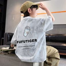 扎染短袖男童纯棉t恤新款中大童夏季洋气女童男孩渐变上衣儿童装