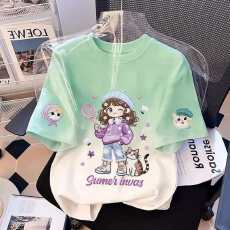 女童纯棉短袖T恤2026新款休闲中大童夏季女孩可爱渐变百搭上衣