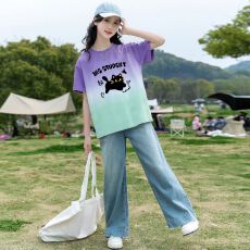 扎染短袖女童纯棉t恤新款中大童夏季洋气女孩渐变上衣儿童装T恤