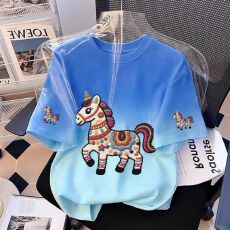 扎染短袖女童纯棉t恤新款中大童夏季洋气女孩渐变上衣儿童装T恤