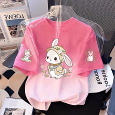 可爱卡通洋气兔子印花2026夏季新款女童纯棉扎染短袖T恤休闲上衣