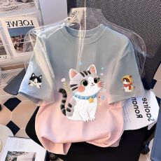 可爱卡通洋气小猫印花2026夏季新款女童纯棉扎染短袖T恤休闲上衣