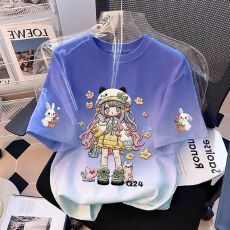 女童短袖纯棉T恤夏季仿刺绣新款儿童可爱扎染中大童韩版宽松上衣