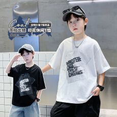 批发美式男童t恤短袖夏装2026新款宽松休闲男大童卡通R字母<b class='q'>纯棉</b><b class='q'>打底衫</b>