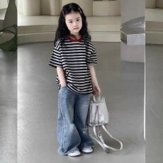 批发男女童条纹短袖T恤2026新款夏季儿童百搭上衣洋气<b class='q'>宝宝</b>休闲打底衫