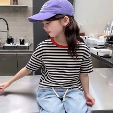 批发男女童条纹短袖T恤2026新款夏季儿童百搭上衣洋气<b class='q'>宝宝</b>休闲打底衫