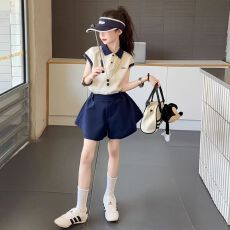 女童夏季套装2026新款儿童洋气Polo短袖上衣中大童时髦短裤两件套