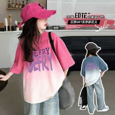 批发儿童纯棉短袖T恤小学生2026新款中大童夏季<b class='q'>女</b>孩渐变上衣纯棉t恤