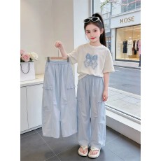 批发女童裤子夏季薄款2026新款<b class='q'>儿童</b>休闲阔腿裤夏装女孩短袖T恤两件套t