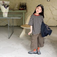 批发<b class='q'>女</b><b class='q'>童</b>夏季时髦纯棉舒适条纹撞色短袖T恤儿童宽松打底衫宝宝上衣潮