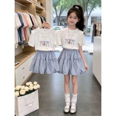 批发<b class='q'>童装女童</b>夏季套装2026新款女孩短袖t恤儿童花苞裙裤薄短裙