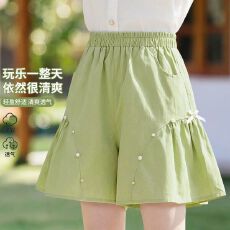 批发<b class='q'>女</b><b class='q'>童</b>绿色短裤2026夏装新款洋气儿童高腰<b class='q'>显瘦</b>裤子女孩中大童阔腿裤