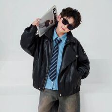 批发男童<b class='q'>春</b>秋皮衣外套2026新款男孩儿童时髦摩登机车中大童洋气皮夹克