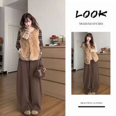 批发秋季一整套女装2025新款<b class='q'>韩版</b>洋气毛绒马甲长袖打底衫阔腿裤三件套