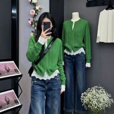 批发韩系秋冬穿搭一整套设计感麻花针织毛衣开衫<b class='q'>蕾丝</b>打底衫牛仔裤套装