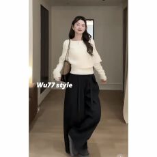 批发<b class='q'>冬</b>季一整套女装2025新款韩版假两件斗篷针织毛衣高腰阔腿裤两件套