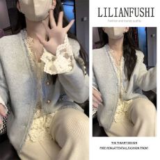 批发2025秋冬新款洋气小香风外套长袖<b class='q'>蕾丝</b>打底衫显瘦阔腿休闲裤三件套