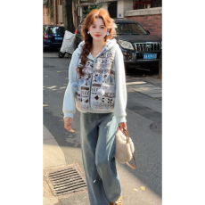 批发冬季慵懒风一整套女装2025新款复古港风连帽卫衣马甲<b class='q'>牛仔</b>裤三件套