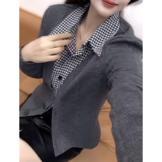 批发今年流行穿搭2025秋冬新款别致拼接设计高级感翻领灰色<b class='q'>假两件</b>上衣