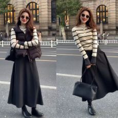 批发韩系氛围感穿搭秋冬2025新款<b class='q'>条纹</b>百搭<b class='q'>打底衫</b>保暖马甲半身裙三件套