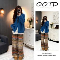 批发秋季穿搭<b class='q'>女</b>2025新款韩版慵懒针织开衫叠穿<b class='q'>蕾丝</b>内搭休闲裤三件套装