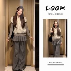 批发秋<b class='q'>冬</b>一整套女装2026新款韩版洋气短袖毛衣打底衫假两件裙裤三件套