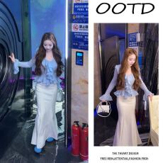 批发2026早<b class='q'>春</b>新款设计感荷叶边修身长袖针织衫显瘦鱼尾半身裙两件套女