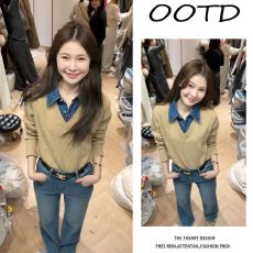 批发韩系氛围感穿搭2026早<b class='q'>春</b>新款假两件长袖针织衫显瘦牛仔裤两件套女