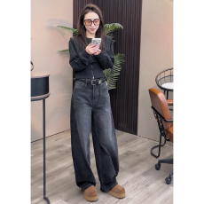 批发复古弯刀牛仔裤女秋<b class='q'>冬</b>新款大码梨形身材高腰宽松显瘦加绒阔腿裤子