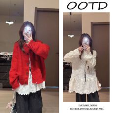 批发2026早春新款宽松红色针织开衫<b class='q'>蕾丝</b>长袖打底衫阔腿休闲裤三件套女