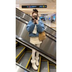 批发小个子ins穿搭套装女冬季温柔风加厚叠穿蓝色连帽棉<b class='q'>衣外套</b>半身裙