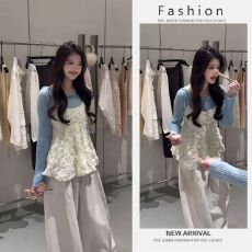 批发韩系穿搭女2026新款法式立体花朵吊带背心叠穿打底衫阔腿裤三件套