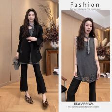 批发春季韩版宽松慵懒设计感显瘦<b class='q'>西服</b>外套叠穿背心<b class='q'>休闲</b>微喇裤三件套装