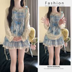 批发韩系穿搭2026早春新款设计感甜美露肩长袖上衣显瘦蓬蓬短裙两件套